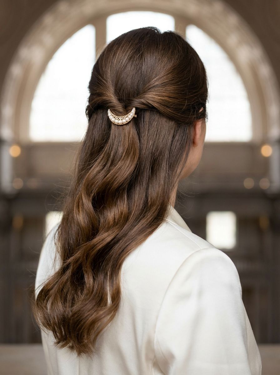 Half-Up mit feiner Schmuckspange - Standesamt Frisuren